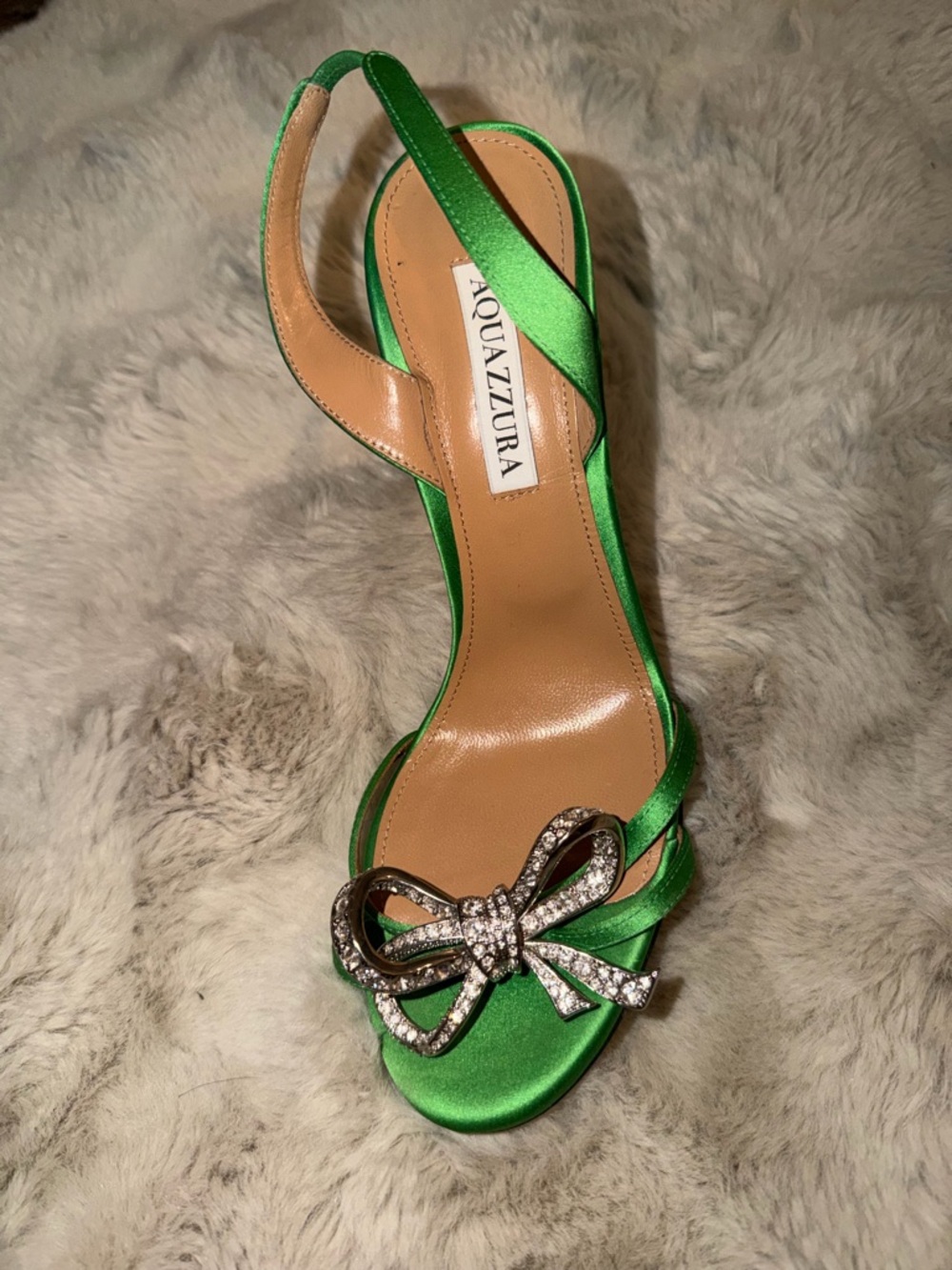Aquazzura Emerald Green Satin Slingback Heels with Crystal Bow Accent - Picture 2 of 2